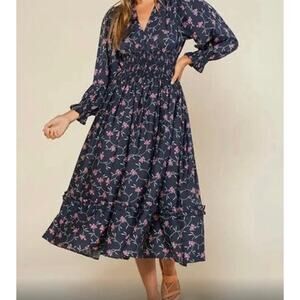 Outerknown Sundance Oceana Floral Smocked Waist Maxi Dress Blue Pink Small